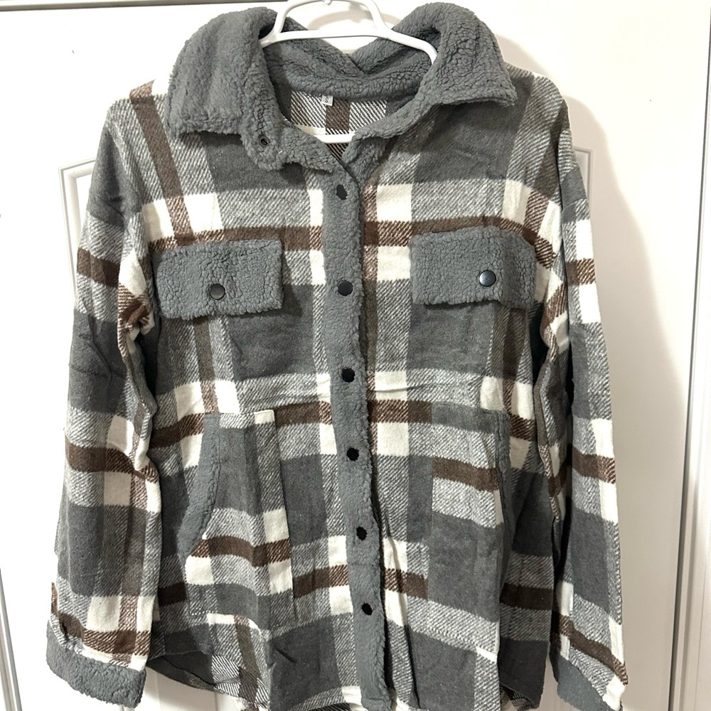 Gray and Brown Plaid Button-Up Jacket